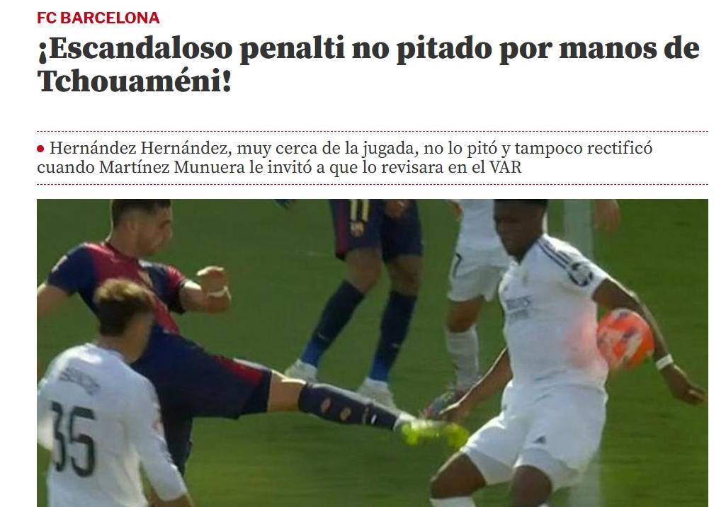 世体:令人震惊的判罚!琼阿梅尼手球是明显点球 他应该2黄被罚下